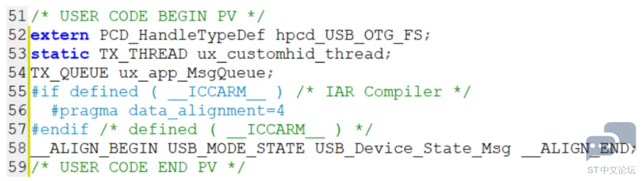 在 app_usbx_device.c 中申明和定义如下结构，其中 ux_app_MsgQueue 消息队列用于实现.png